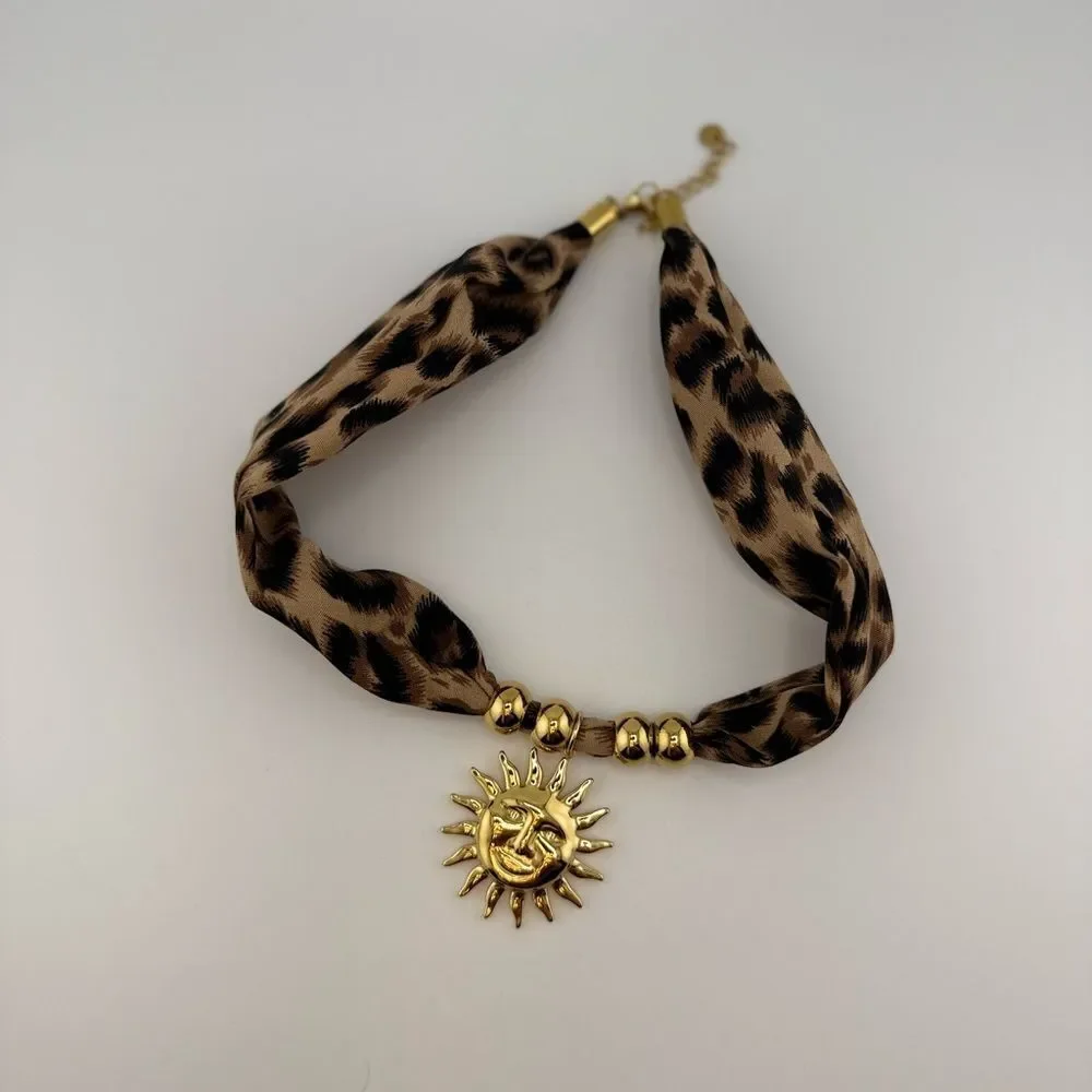Leopard Print Scarf Necklace with Gold Sun Pendant – Bold, Glamorous & Unique - Picture 9 of 13
